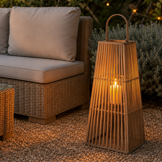 A tall, conical bamboo lantern with a warm glowing candle inside, set on a pebble patio next to a wicker sofa in an outdoor garden setting.