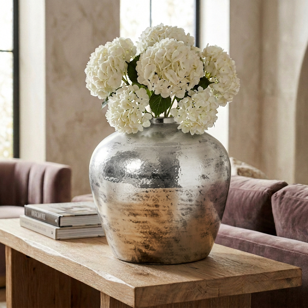 Large Hammered Silver Astral Luxury Metallic Vase 39cm