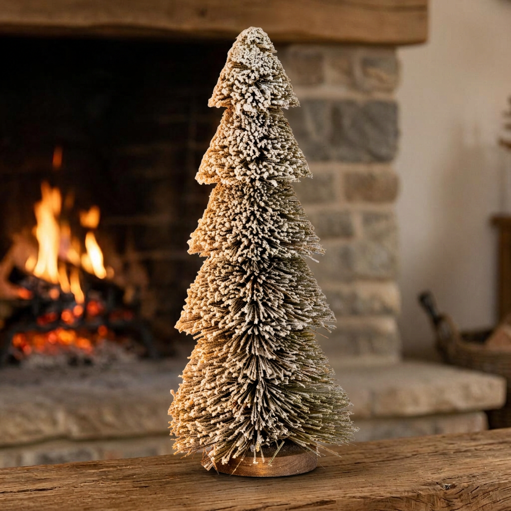 Large flocked tiered brush tree on rustic wood surface with glowing stone fireplace in background, 38cm Christmas decoration