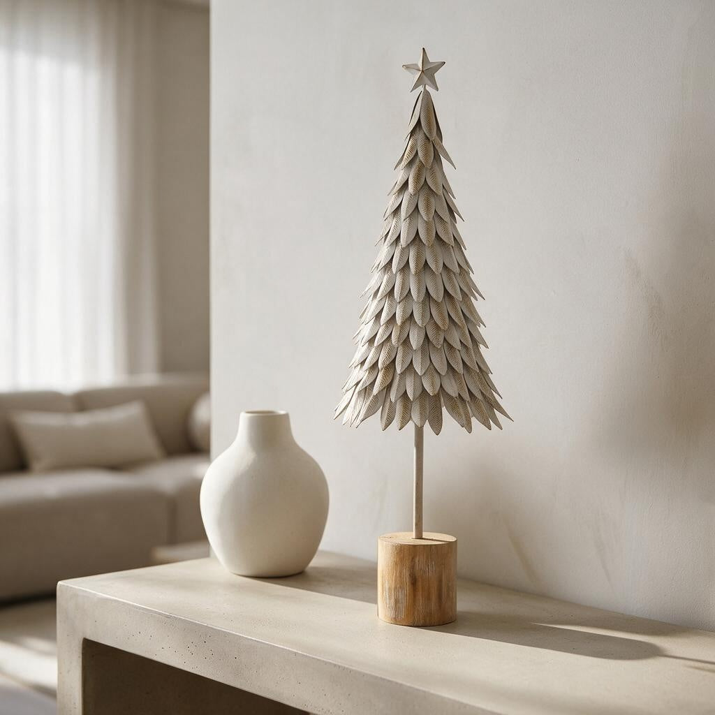 Large White Metal Christmas Tree on Wooden Stand 62cm