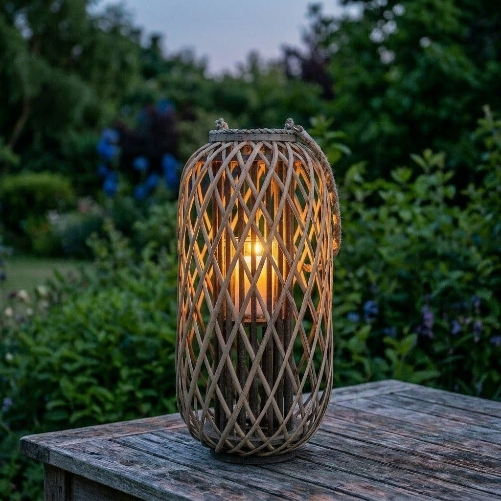 Large standing wicker rattan lantern with a diagonal lattice weave, glowing amber LED candle inside, placed on a weathered teak garden table at dusk with soft bokeh garden greenery and blue flowering plants in the background, rope handle draped to one side