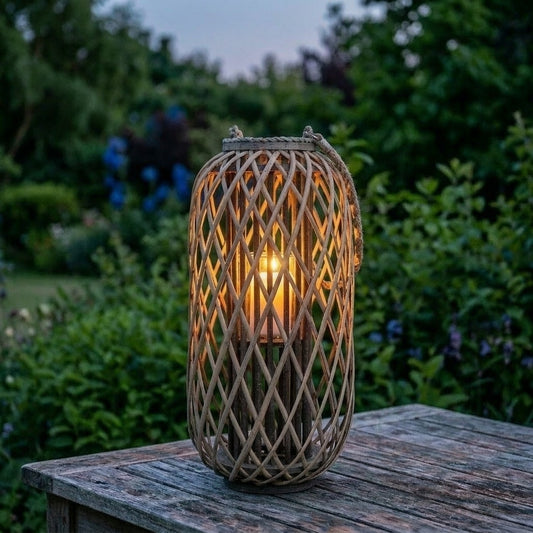 Large standing wicker rattan lantern with a diagonal lattice weave, glowing amber LED candle inside, placed on a weathered teak garden table at dusk with soft bokeh garden greenery and blue flowering plants in the background, rope handle draped to one side