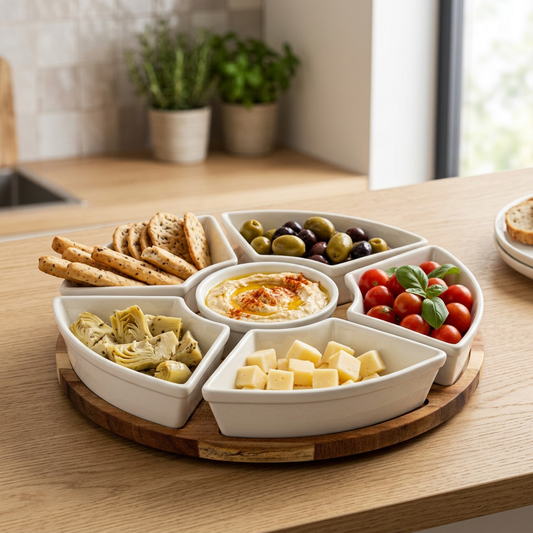 A round wooden lazy susan serving board holding a six-compartment white ceramic platter with Mediterranean appetizers, including crackers, olives, hummus, tomatoes, artichokes, and cheese cubes, set on a wooden kitchen counter.