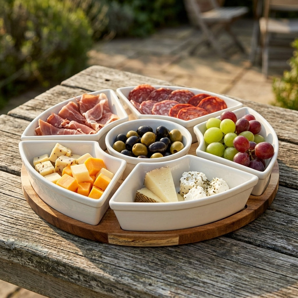 Acacia lazy Susan rotating serving board styled with white ceramic bowls filled with charcuterie, grapes, olives and cheese, photographed outdoors on a rustic wooden garden table with soft garden greenery in the background