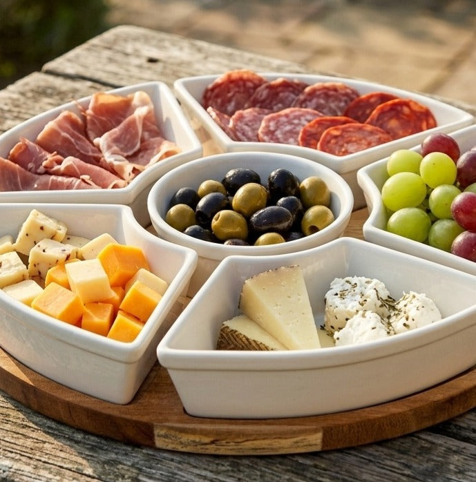 Assorted meats, cheeses, olives, and grapes on a ceramic platter with a wooden board.