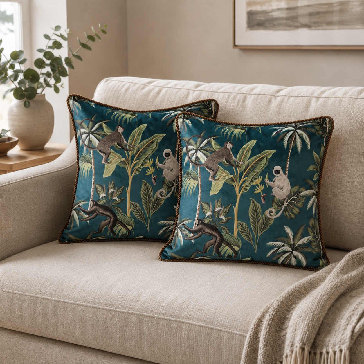 Emerald Green Luxury Tropical Monkeys & Palm Trees Cushion Cover