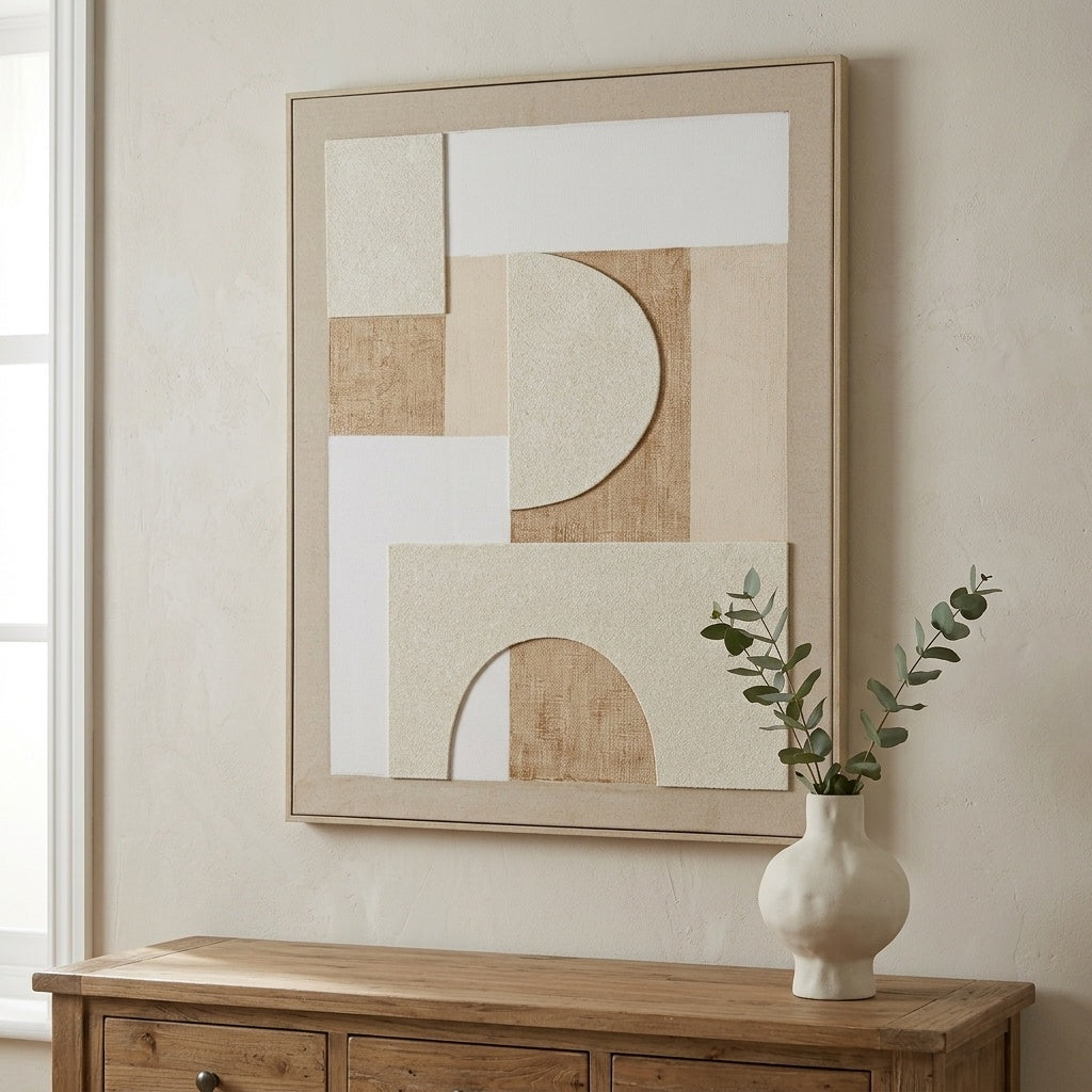 Large framed abstract geometric canvas in warm white, cream and sandy beige linen texture, hung on an off-white plaster wall above a natural oak sideboard styled with a white ceramic vase and eucalyptus stems