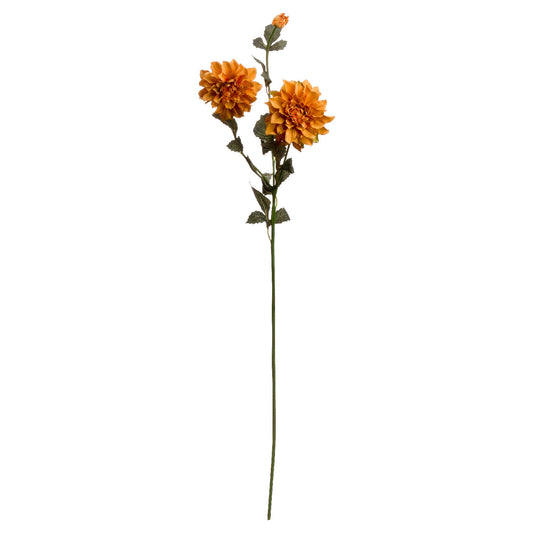 Artificial dahlia flower stem with orange flowers on a white background