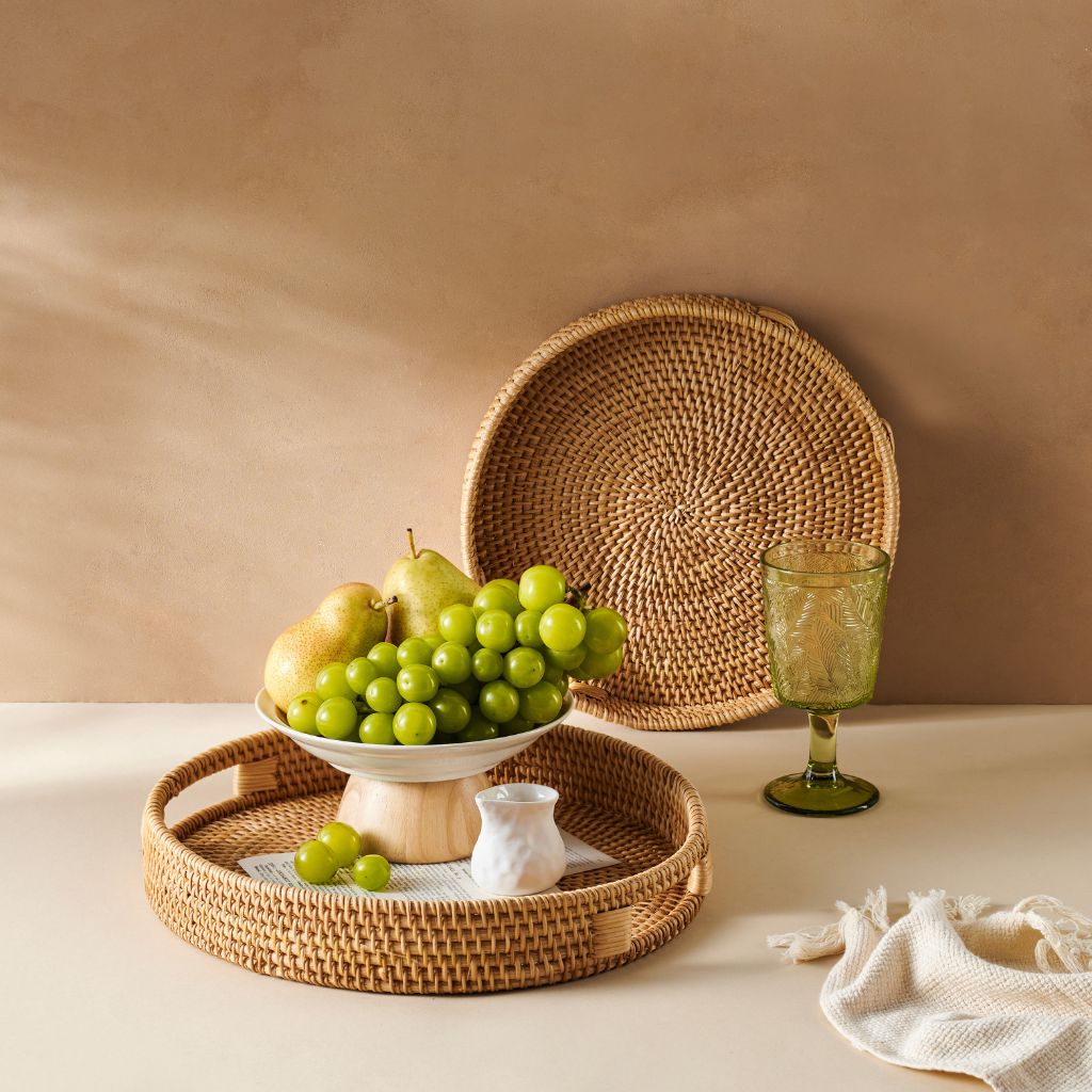 Rattan Circular Display & Serving Trays with Handles - Natural 30cm & 35cm