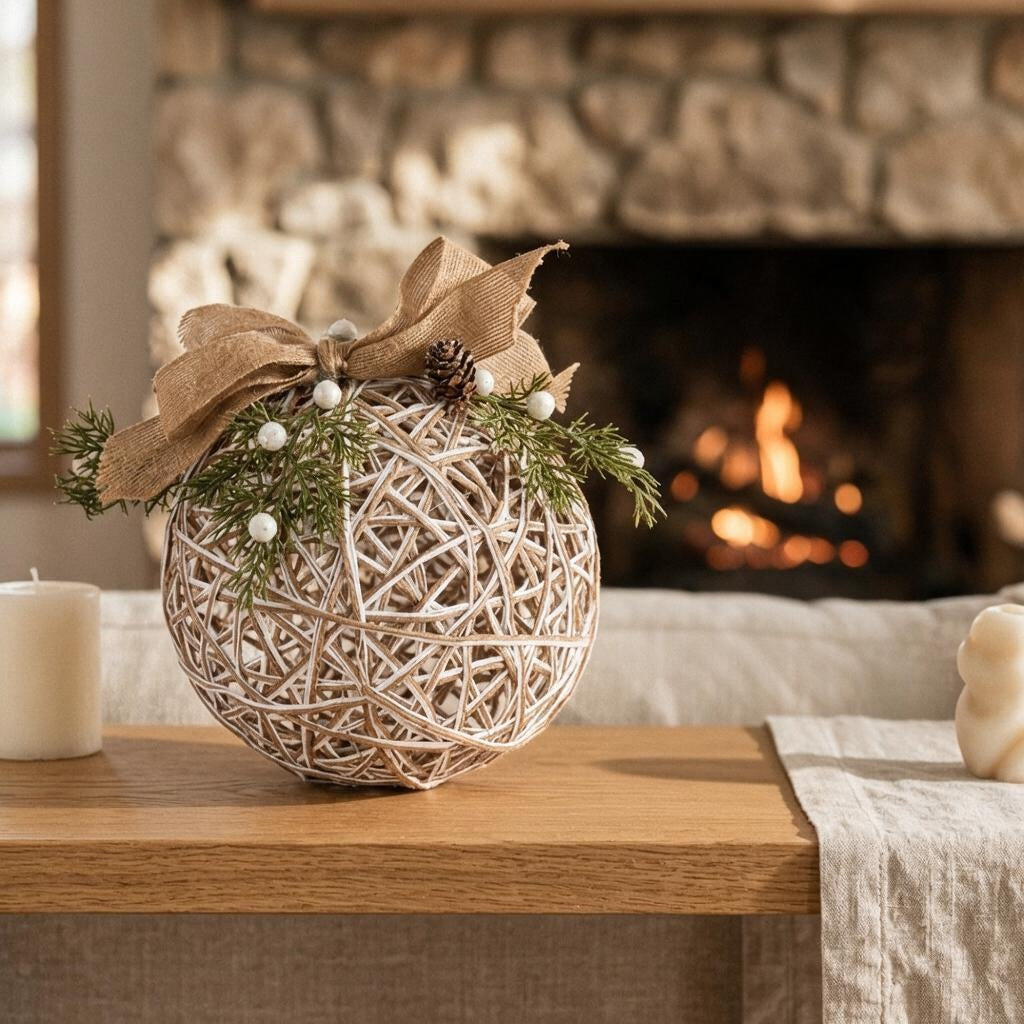 Large LED White Rattan Bauble With  Branches And Ribbon