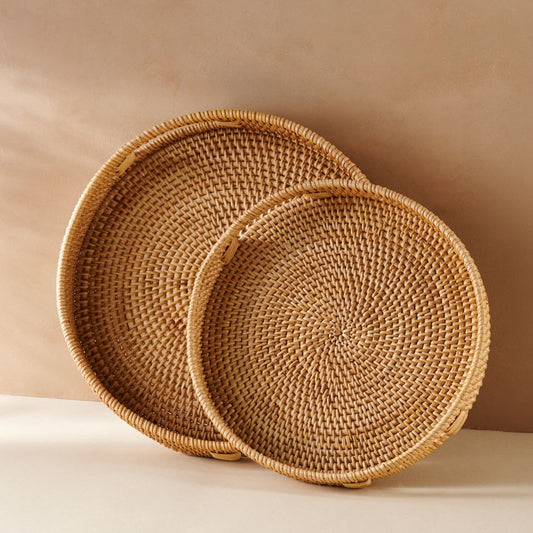 Rattan Circular Display & Serving Trays with Handles - Natural 30cm & 35cm