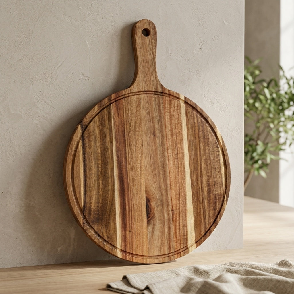 circular acacia wood chopping board styled against kitchen wall