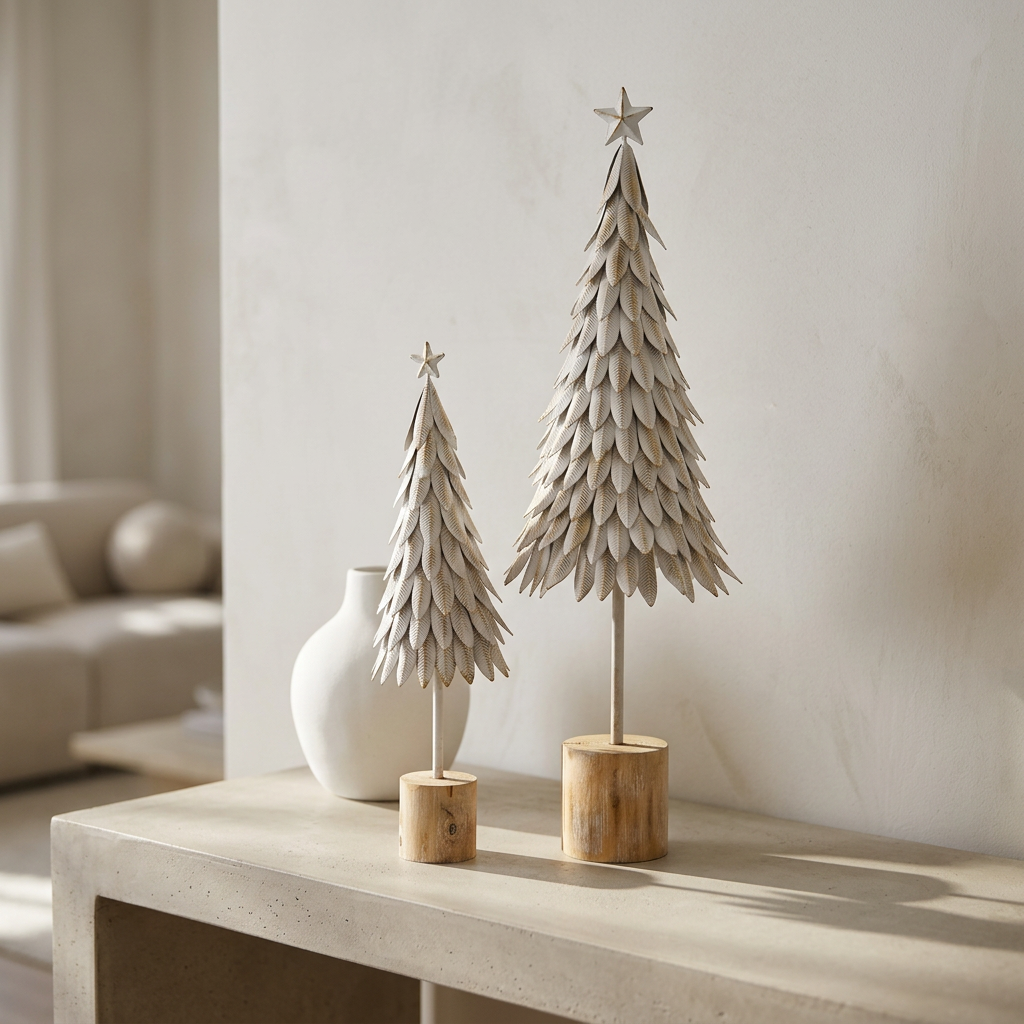 Large White Metal Christmas Tree on Wooden Stand 62cm