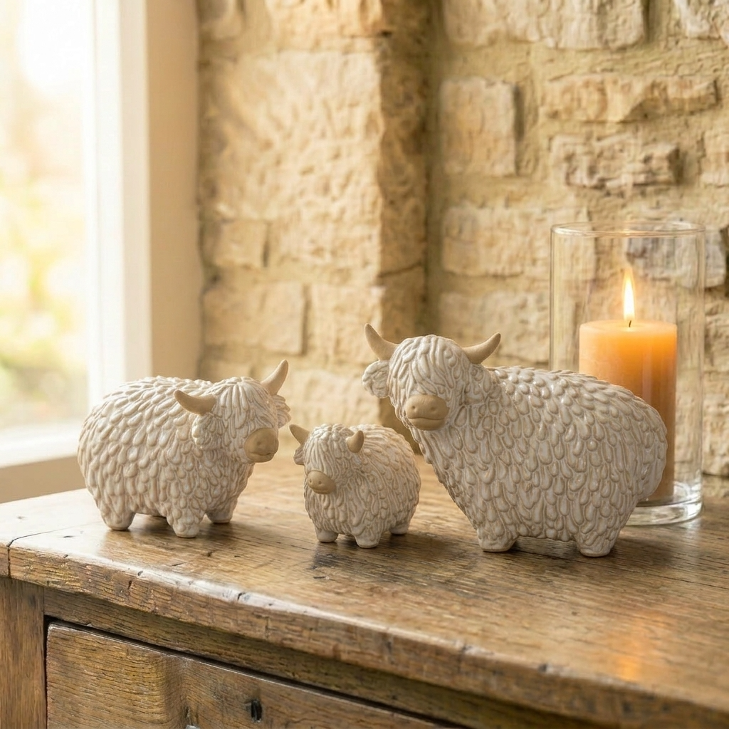 Three cream ceramic Highland cow figurines arranged as a family group on a rustic wooden sideboard against a natural stone wall, styled with a lit pillar candle in a glass hurricane vase and soft window light
