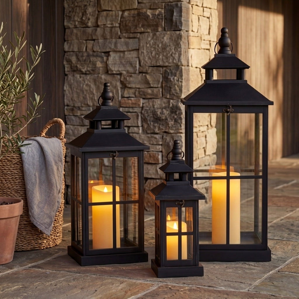 Three black lanterns with glowing led candles outside on a stone patio.