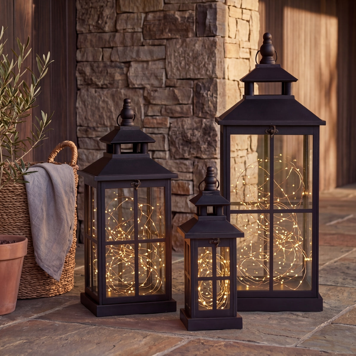 Set Of 3 Large Black Window Style Wooden Lanterns Outdoor or Indoor