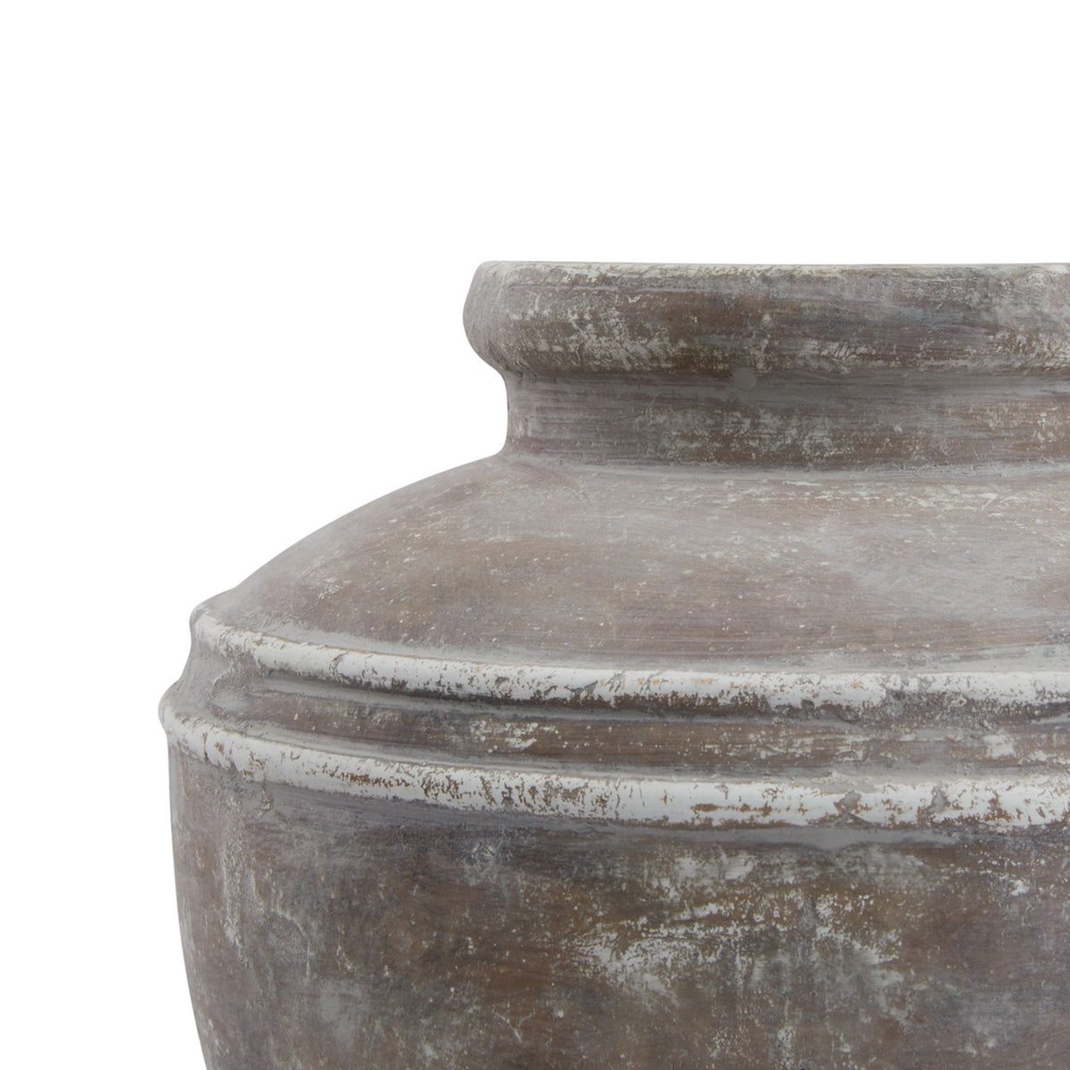 Close-up of a textured stone vase on a white background