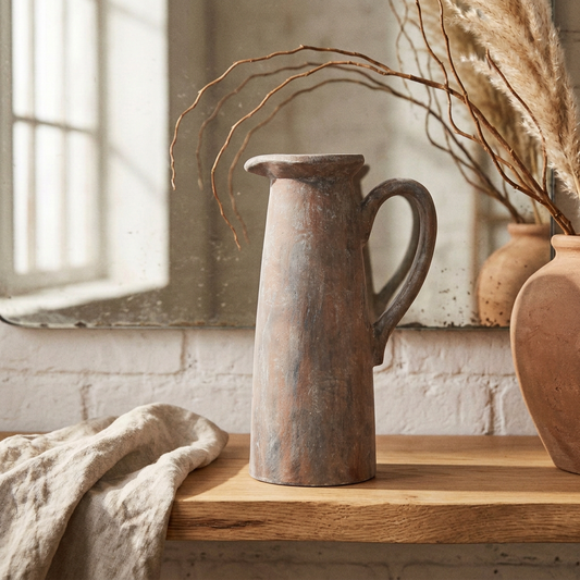 A rustic handmade ceramic pitcher with a distressed brown and gray glaze, displayed on a wooden shelf next to a linen cloth and dried pampas grass.