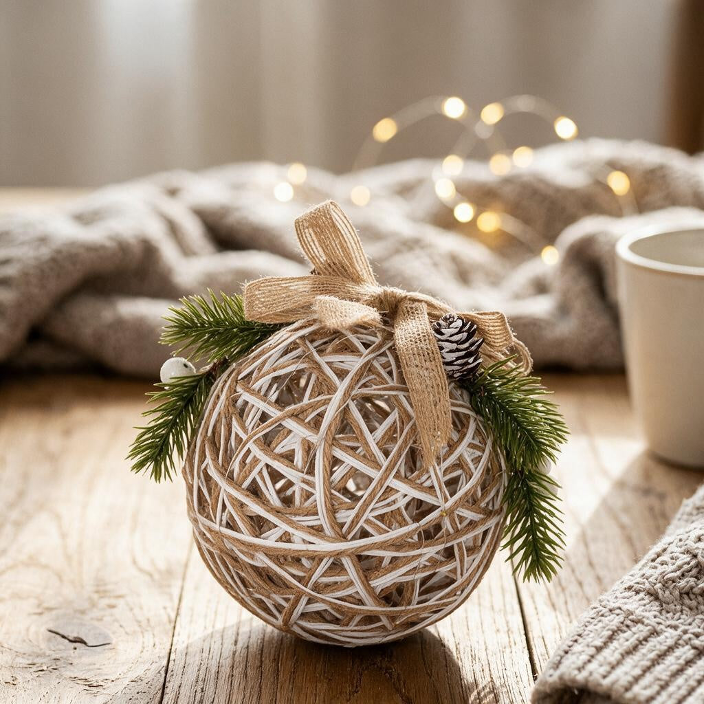 Small LED white rattan bauble with warm white lights, winter foliage and ribbon, styled on rustic wooden surface