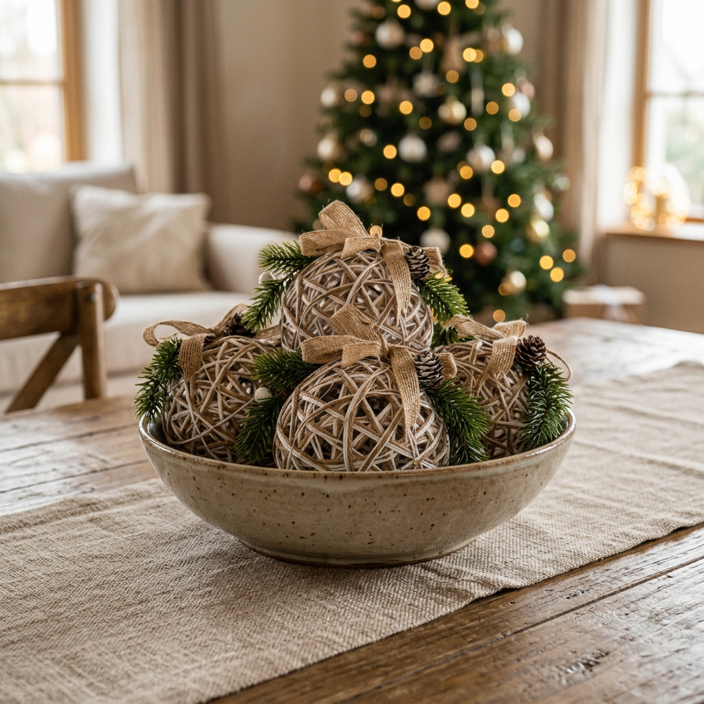 A rustic ceramic bowl filled with woven decorative balls, green pine branches, and pinecones, styled on a wooden table with a blurred Christmas tree in the background.