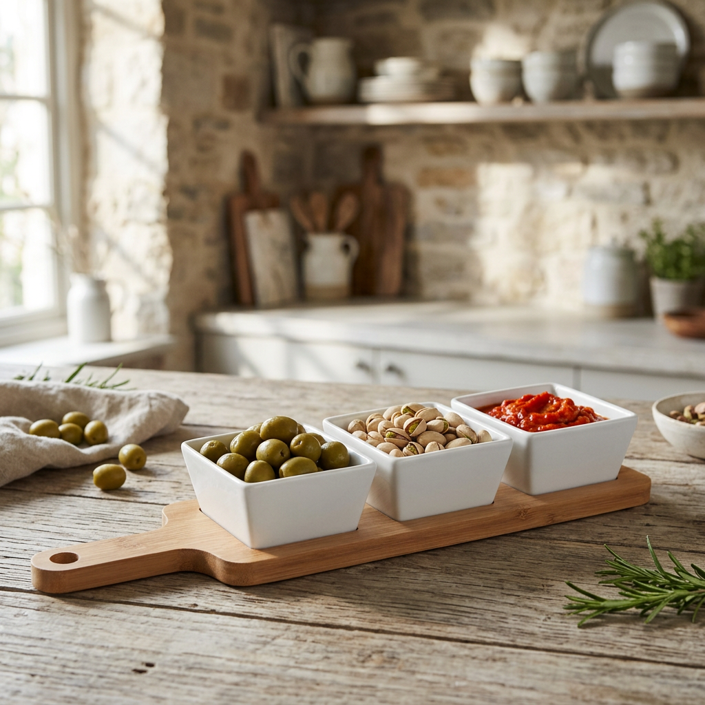 Bamboo serving board with three white square porcelain dip bowls filled with olives, nuts and dip on a rustic wooden table