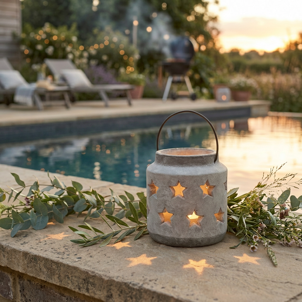A grey ceramic stone lantern candle holder with star-shaped cutouts sits on a stone ledge beside a outdoor garden swimming pool at sunset, with greenery draped around it and warm light glowing through the stars.