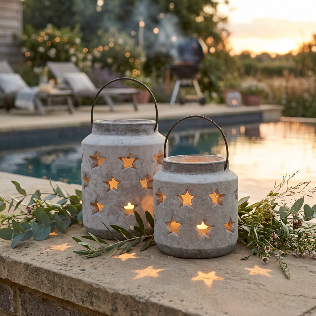 Two gray metal star lanterns with wire handles sit on a stone poolside ledge at sunset, with eucalyptus branches around them and warm light glowing through the star cutouts.