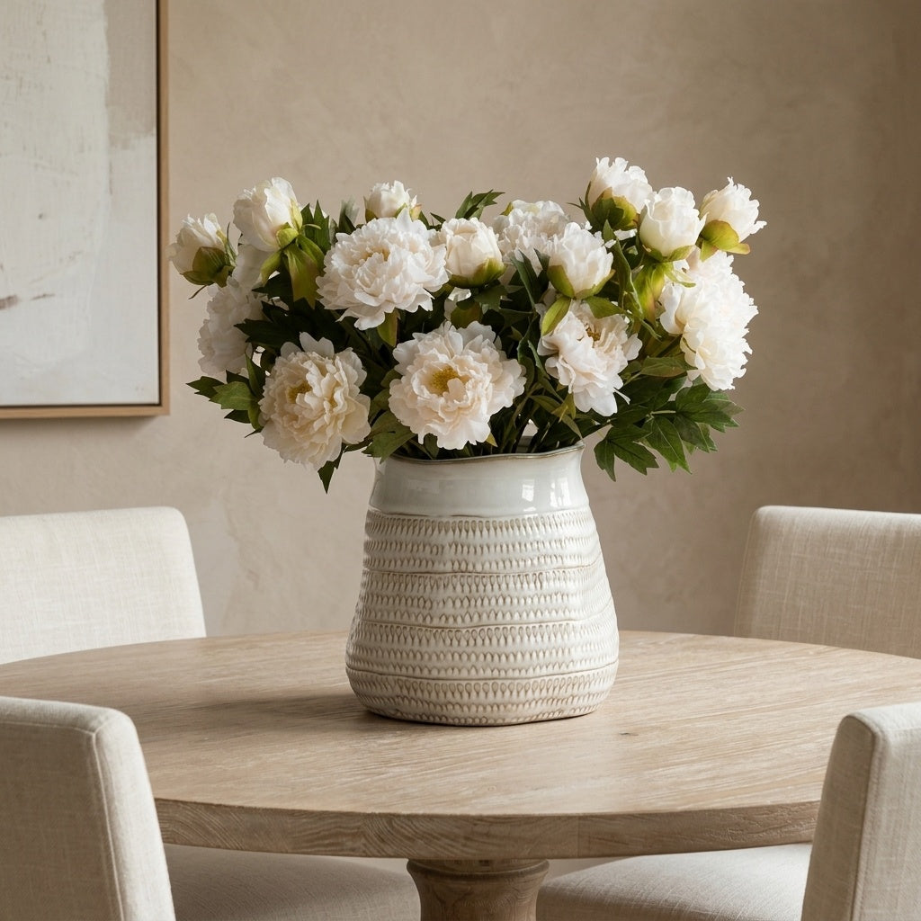 Tava Wide Hewn Ceramic Vase styled with white fashion peonies as a dining table centrepiece on a limewashed oak table — textured statement vase from Artanna