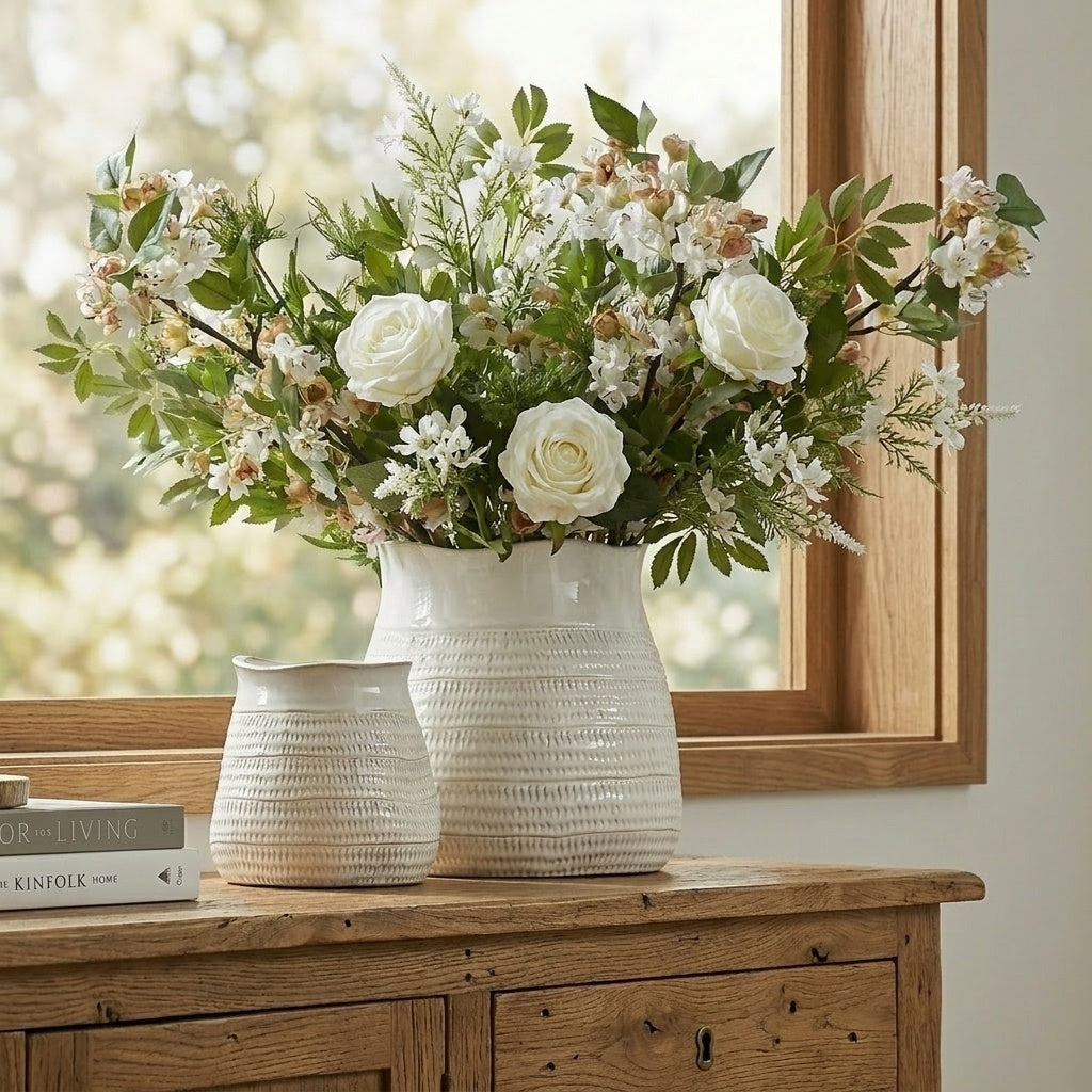 Tava Wide Hewn Ceramic Vase styled with blossom and roses on a rustic sideboard, textured statement vase from Artanna