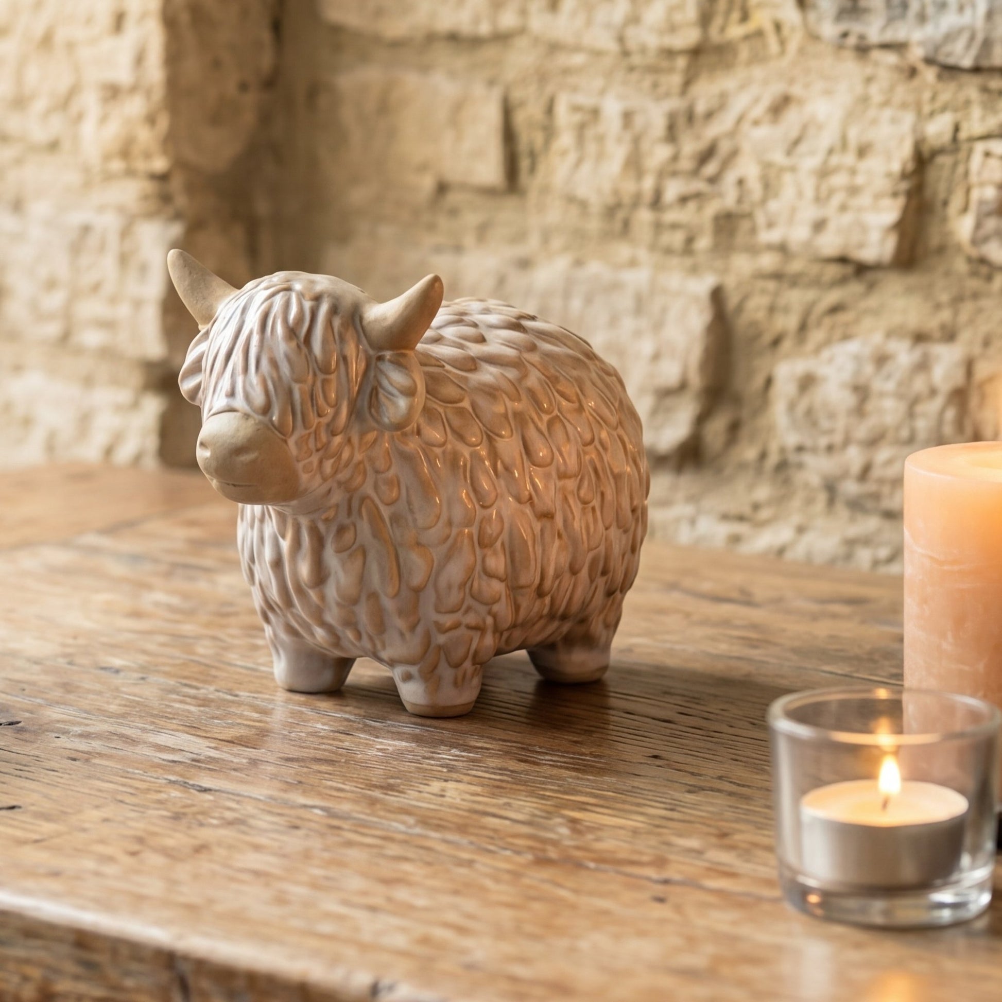 Glazed ceramic Highland cow figurine with textured shaggy coat and upward-curving horns in warm greige tones, styled on a rustic aged wooden surface against a natural stone wall with soft window light