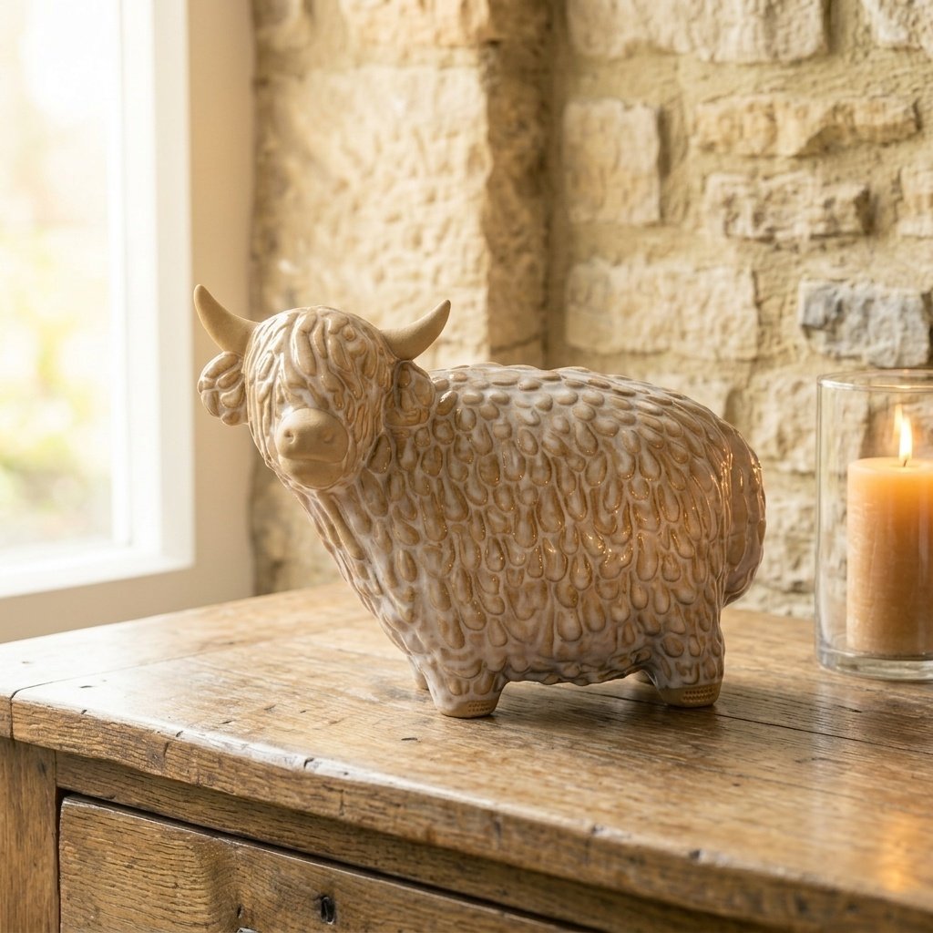 Set of 3 Alora Ceramic Highland Cow Family Ornaments Cream