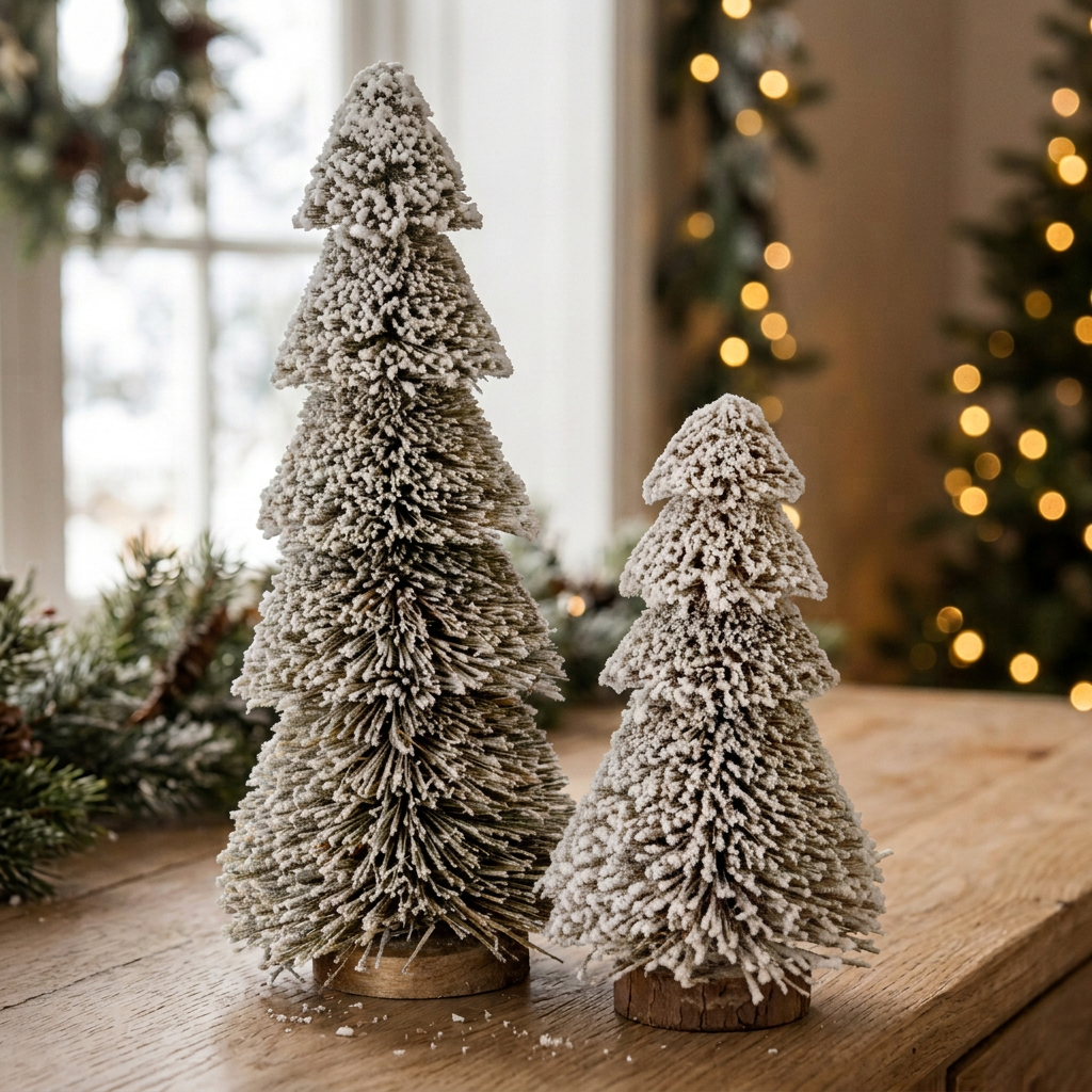 Two snow-flocked tiered brush trees of different heights styled together on a rustic wooden table with a lit Christmas tree