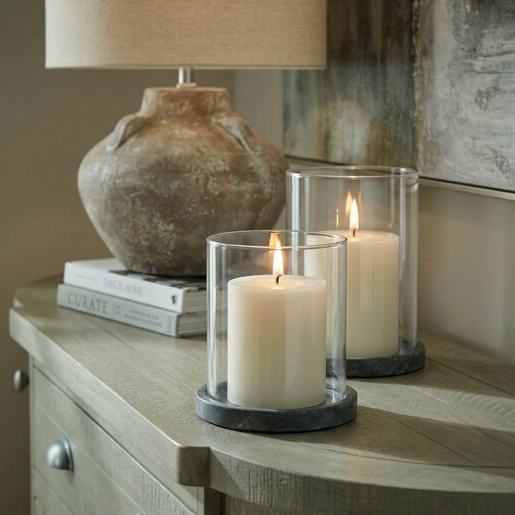 Set of 2 Amalfi Dark Grey Stone & Glass Candle Hurricanes
